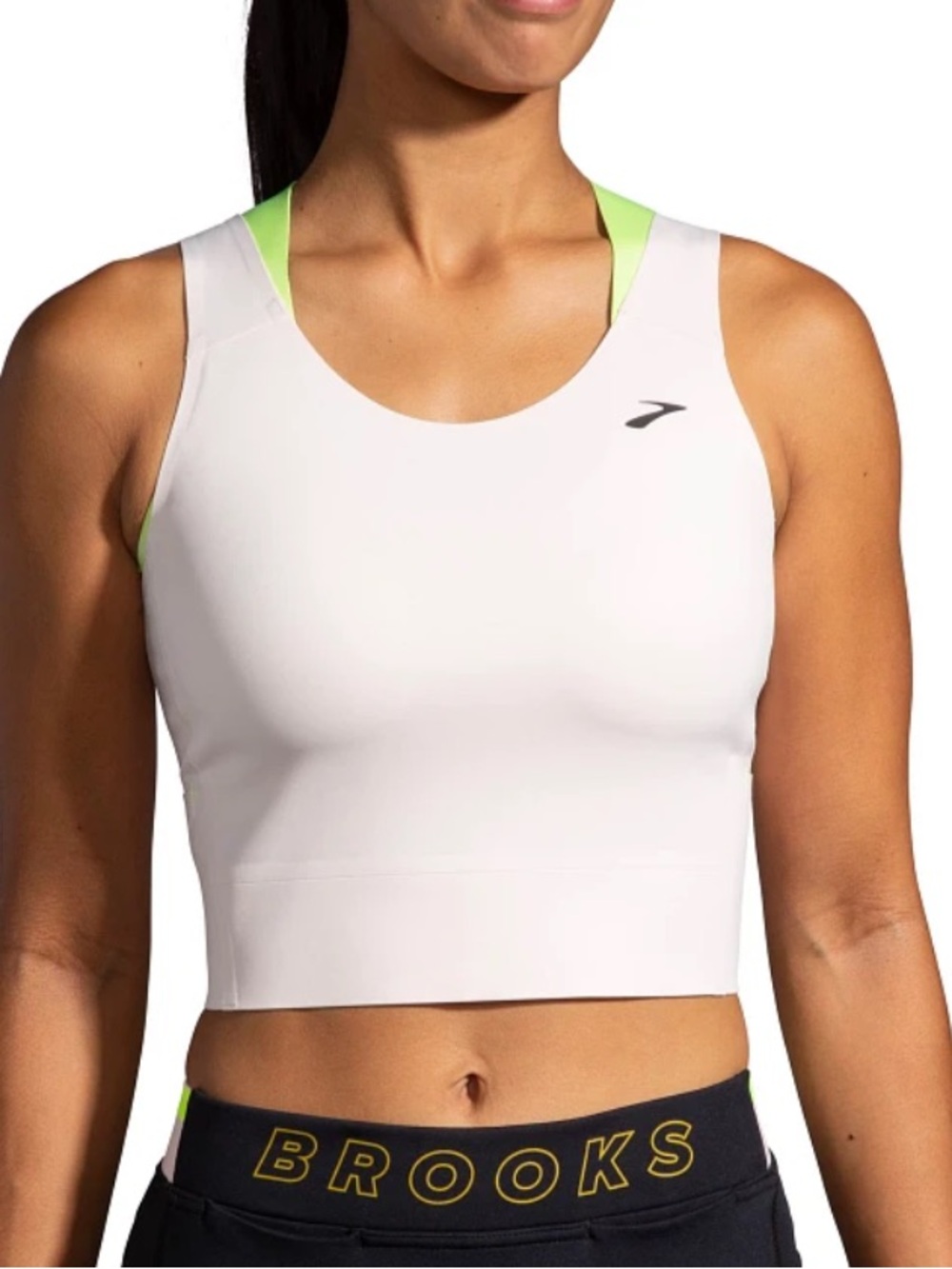 Brooks White Run Within Crop Tank with Neon Green Straps